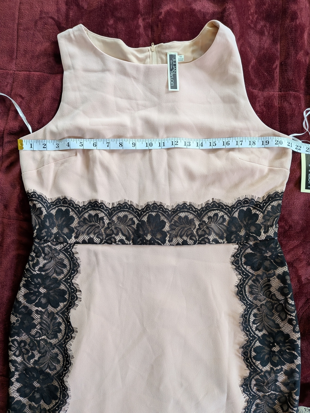 Julian Taylor Blush Pink Black Lace Sheath Cocktail Dress Size 16